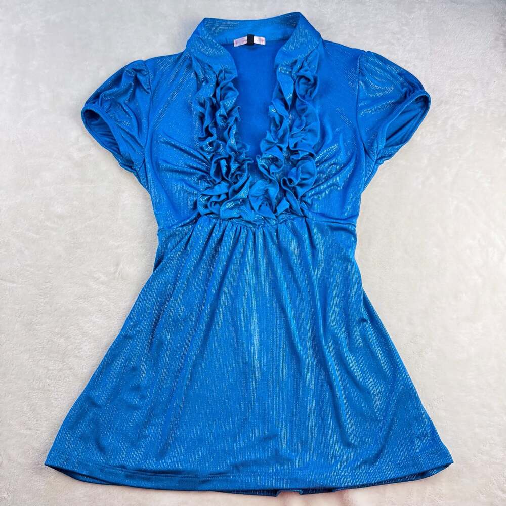 Free Sky Blue Metallic Shimmer Ruffle Neck Cap Sleeve Top vintage y2k whimsigoth